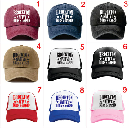 Nine baseball caps with 'Brockton Native Born & Raised' text in various colors on a white background.