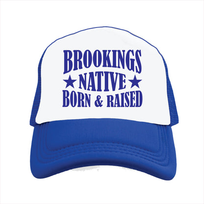 Blue and white cap with 'Brookings Native Born & Raised' text on a white background
