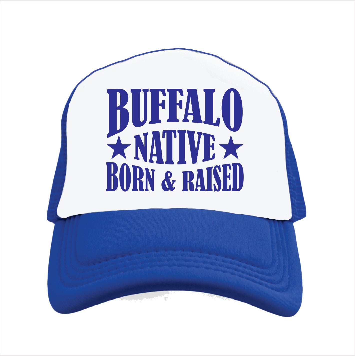 Blue and white cap with 'Buffalo Native Born & Raised' text on a white background