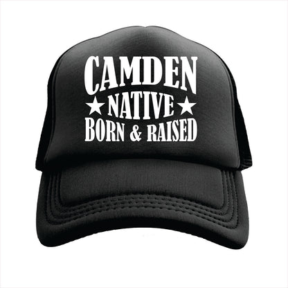 Black cap with 'Camden Native Born & Raised' text on a white background
