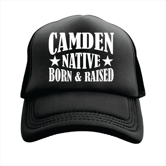 Black cap with 'Camden Native Born & Raised' text on a white background