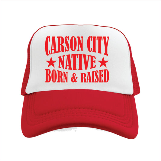 Red and white cap with 'Carson City Native Born & Raised' text on a white background