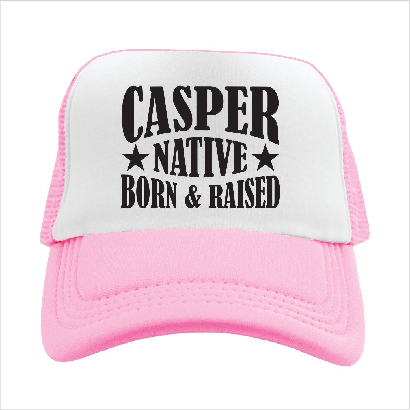 Pink and white cap with 'Casper Native Born & Raised' text on a white background