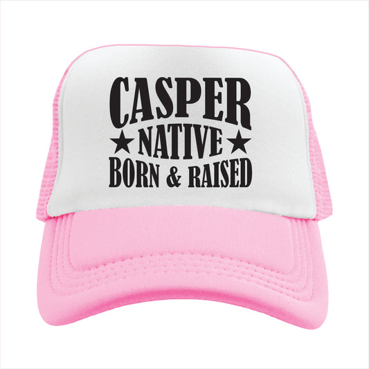 Pink and white cap with 'Casper Native Born & Raised' text on a white background
