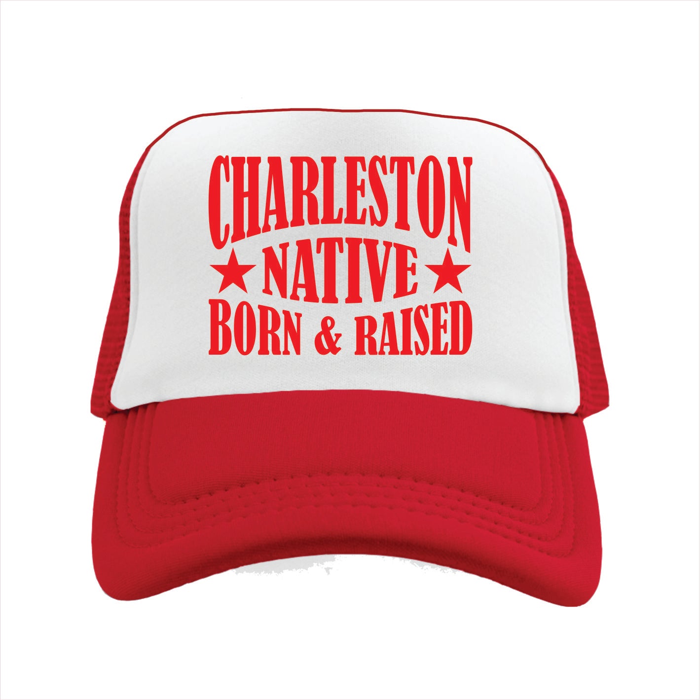 Red and white cap with 'Charleston Native Born & Raised' text on a white background