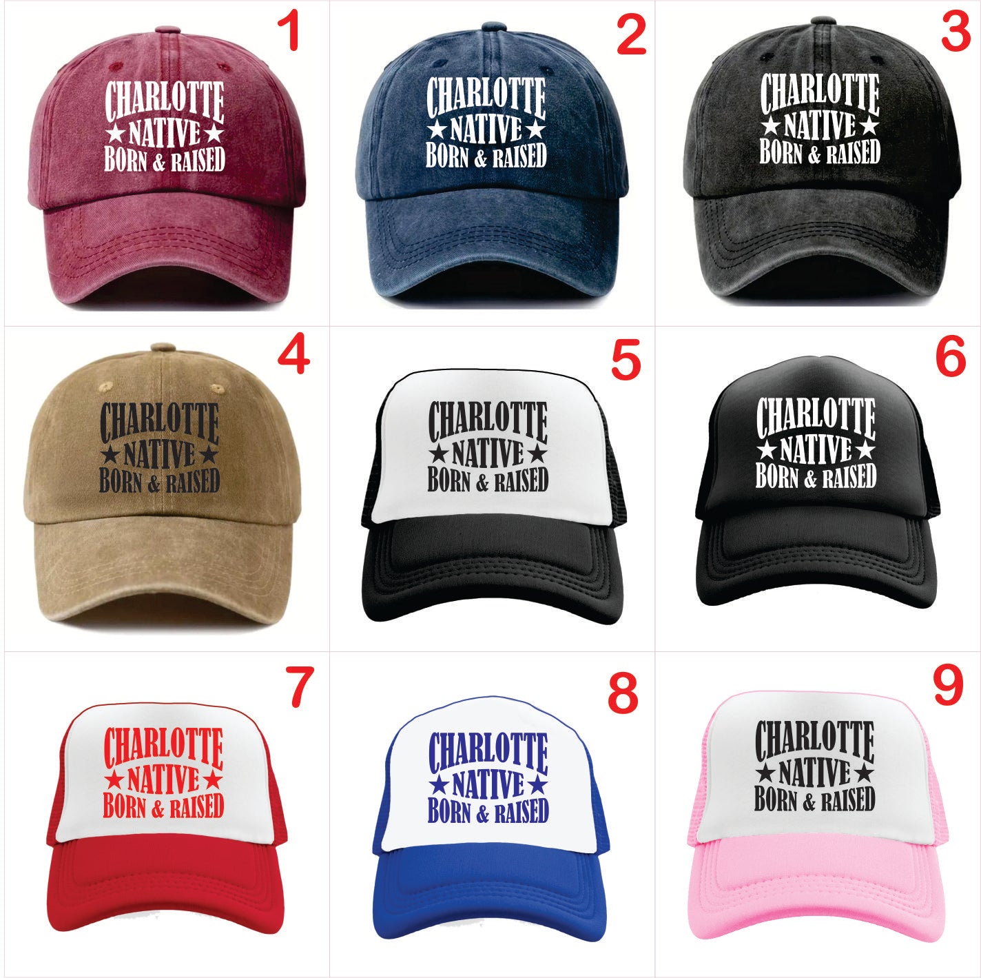 Nine baseball caps with 'Charlotte Native Born & Raised' text in various colors on a white background.