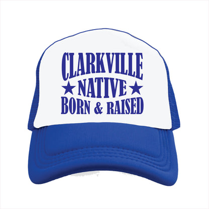 White and blue cap with 'Clarksville Native Born & Raised' text on a white background