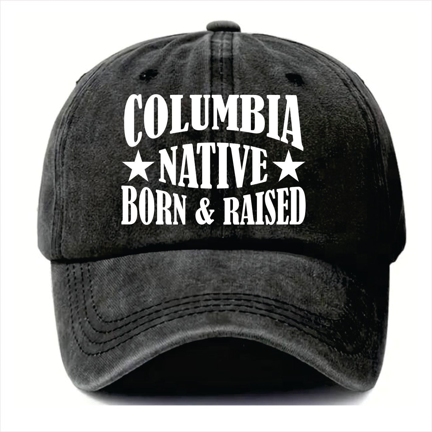 Black cap with 'Columbia Native Born & Raised' text on a white background