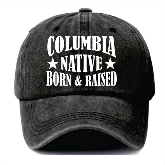 Black cap with 'Columbia Native Born & Raised' text on a white background