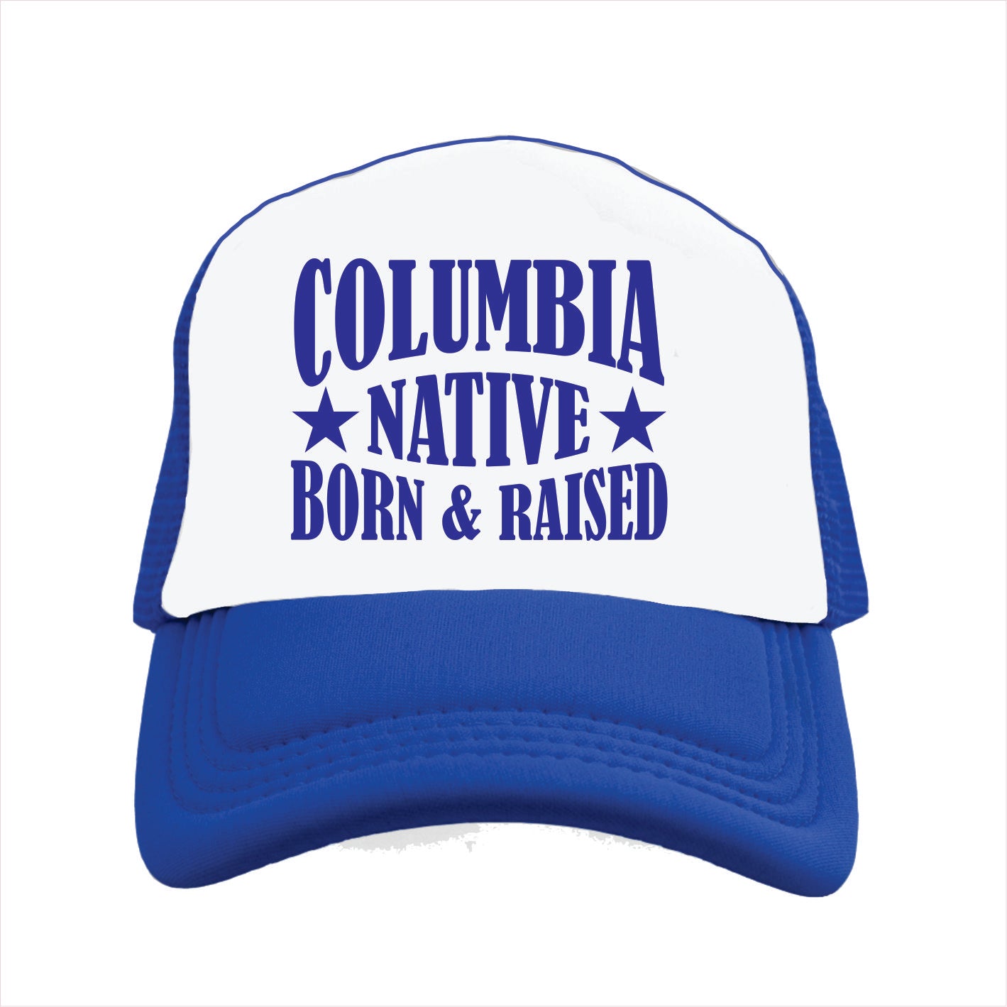 Blue and white cap with 'Columbia Native Born & Raised' text on a white background