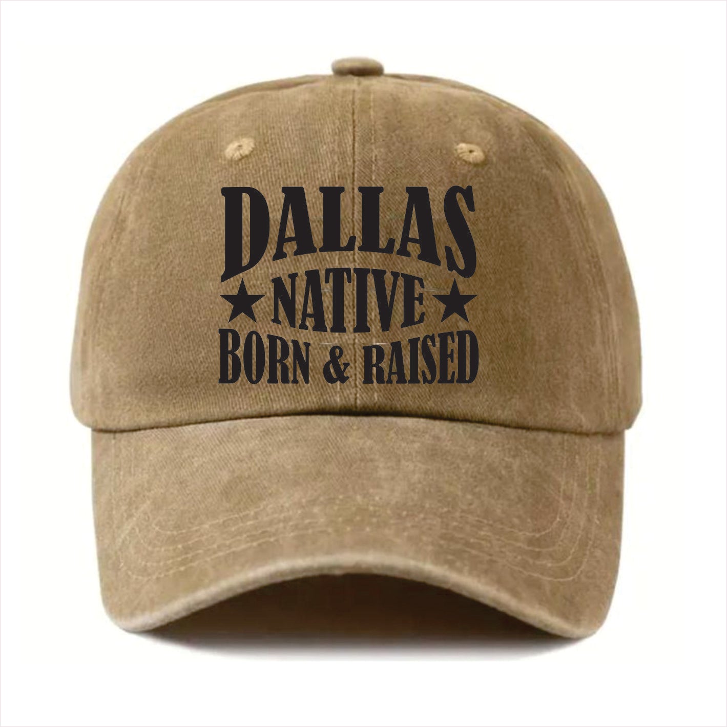Khaki cap with 'Dallas Native Born & Raised' text on a white background