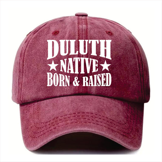 Burgundy cap with 'Duluth Native Born & Raised' text on a white background