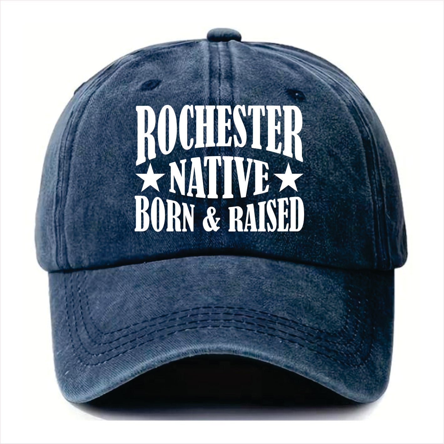 Blue cap with 'Rochester Native Born & Raised' text on a white background
