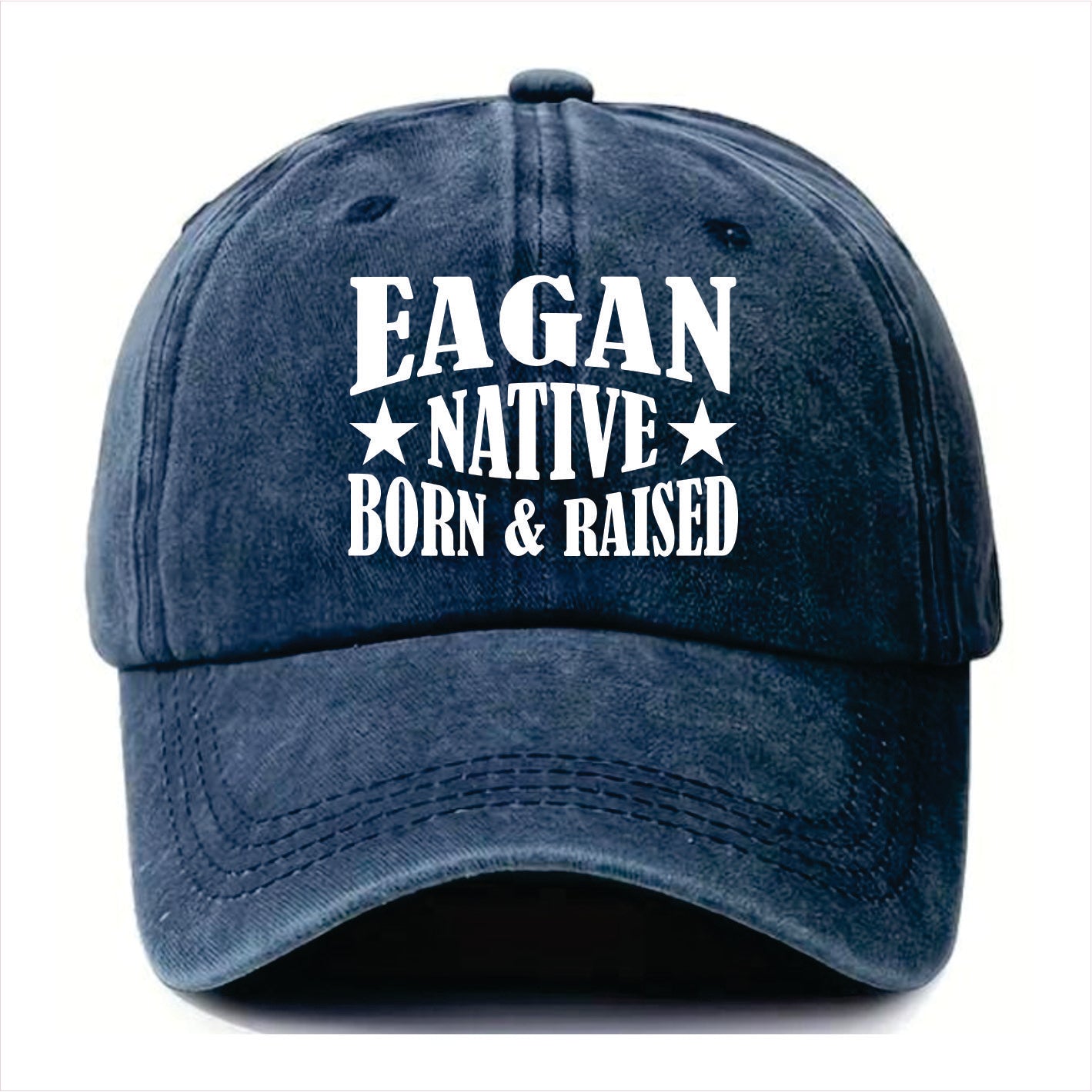 Blue cap with 'Eagan Native Born & Raised' text on a white background