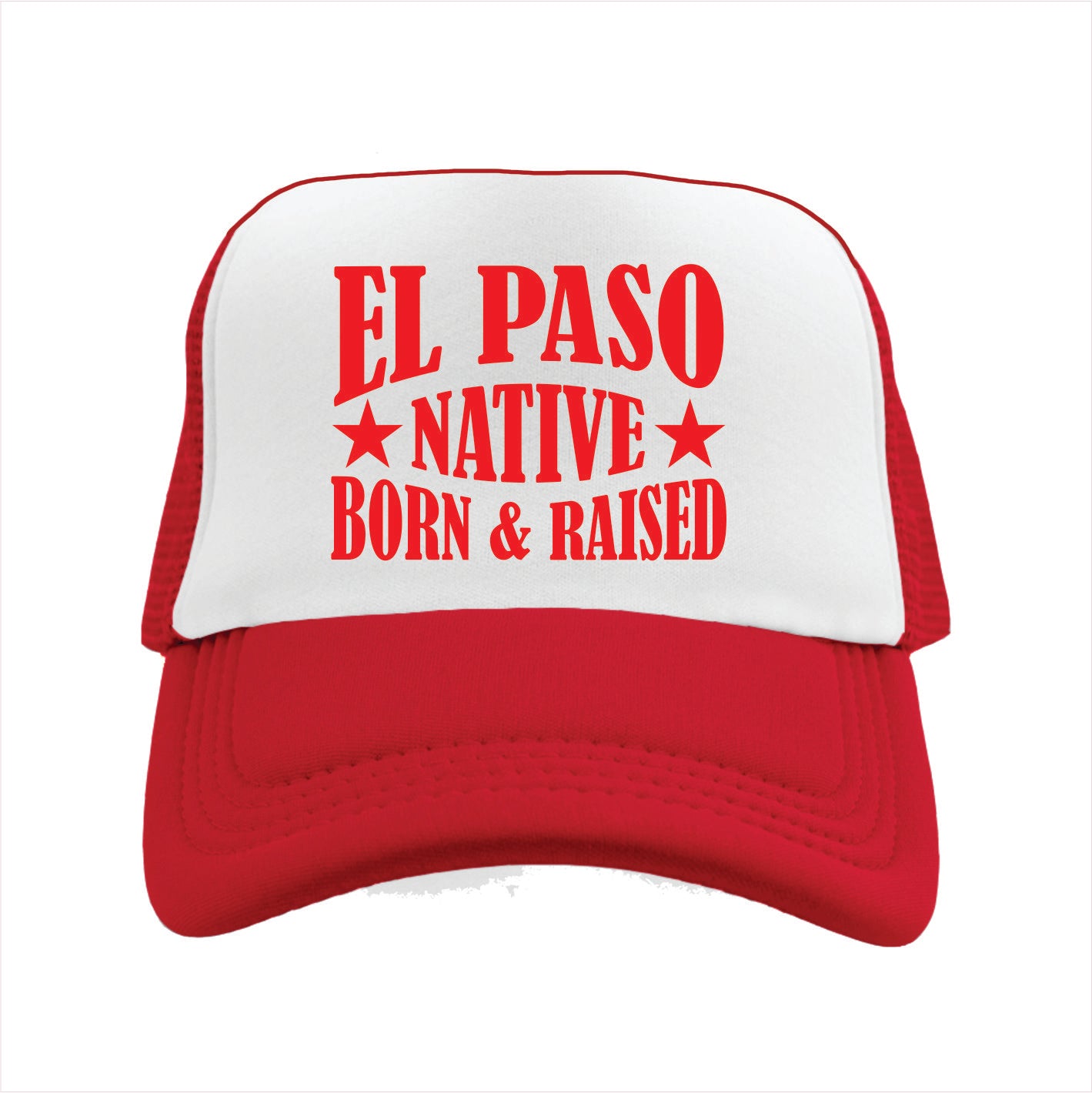 Red and white cap with 'El Paso Native Born & Raised' text on a white background