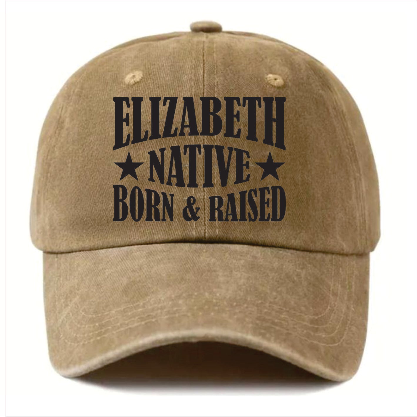 Khaki cap with 'Elizabeth Native Born & Raised' text on a white background