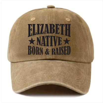 Khaki cap with 'Elizabeth Native Born & Raised' text on a white background