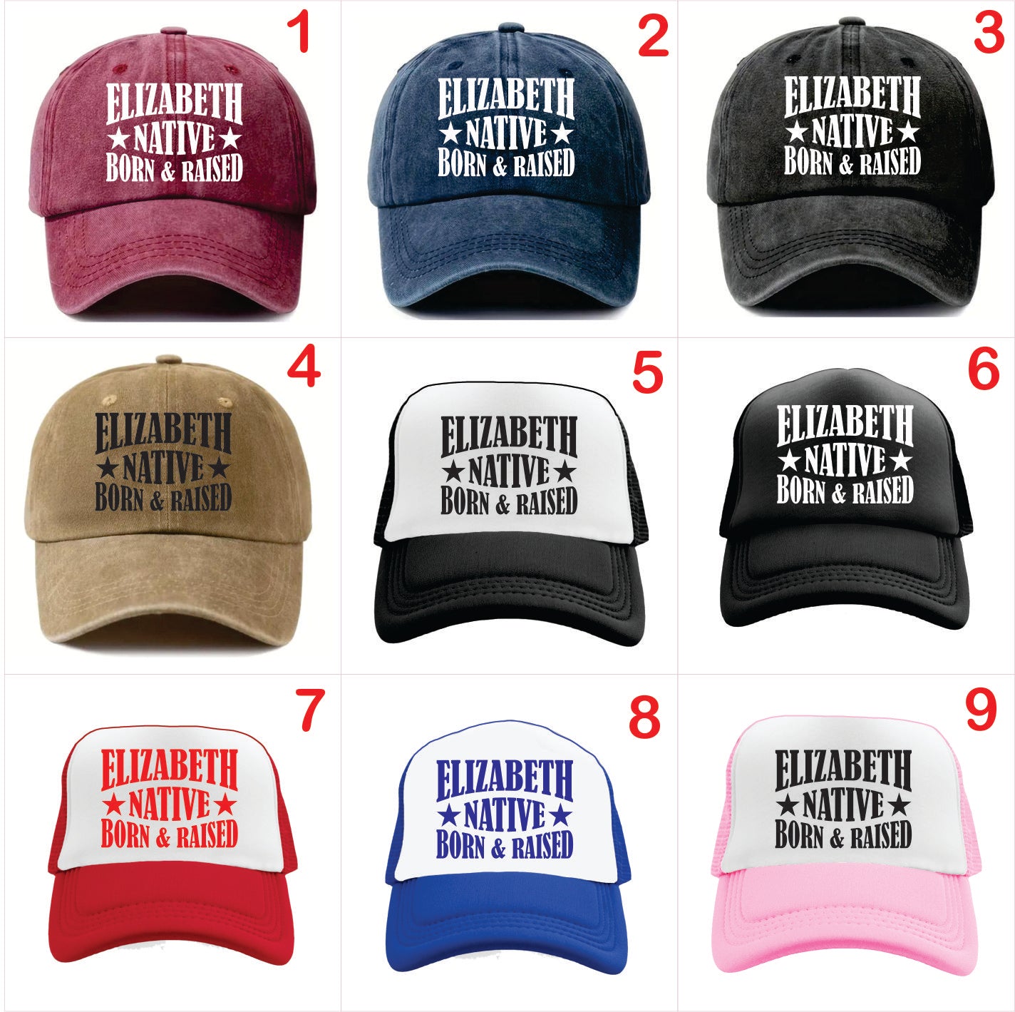 Nine baseball caps with 'Elizabeth Native Born & Raised' text in various colors on a white background.