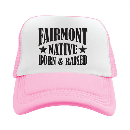 Pink and white cap with 'FAIRMONT NATIVE BORN & RAISED' text on a white background