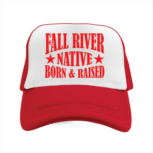 Red and white cap with 'Fall River Native Born & Raised' text on a white background