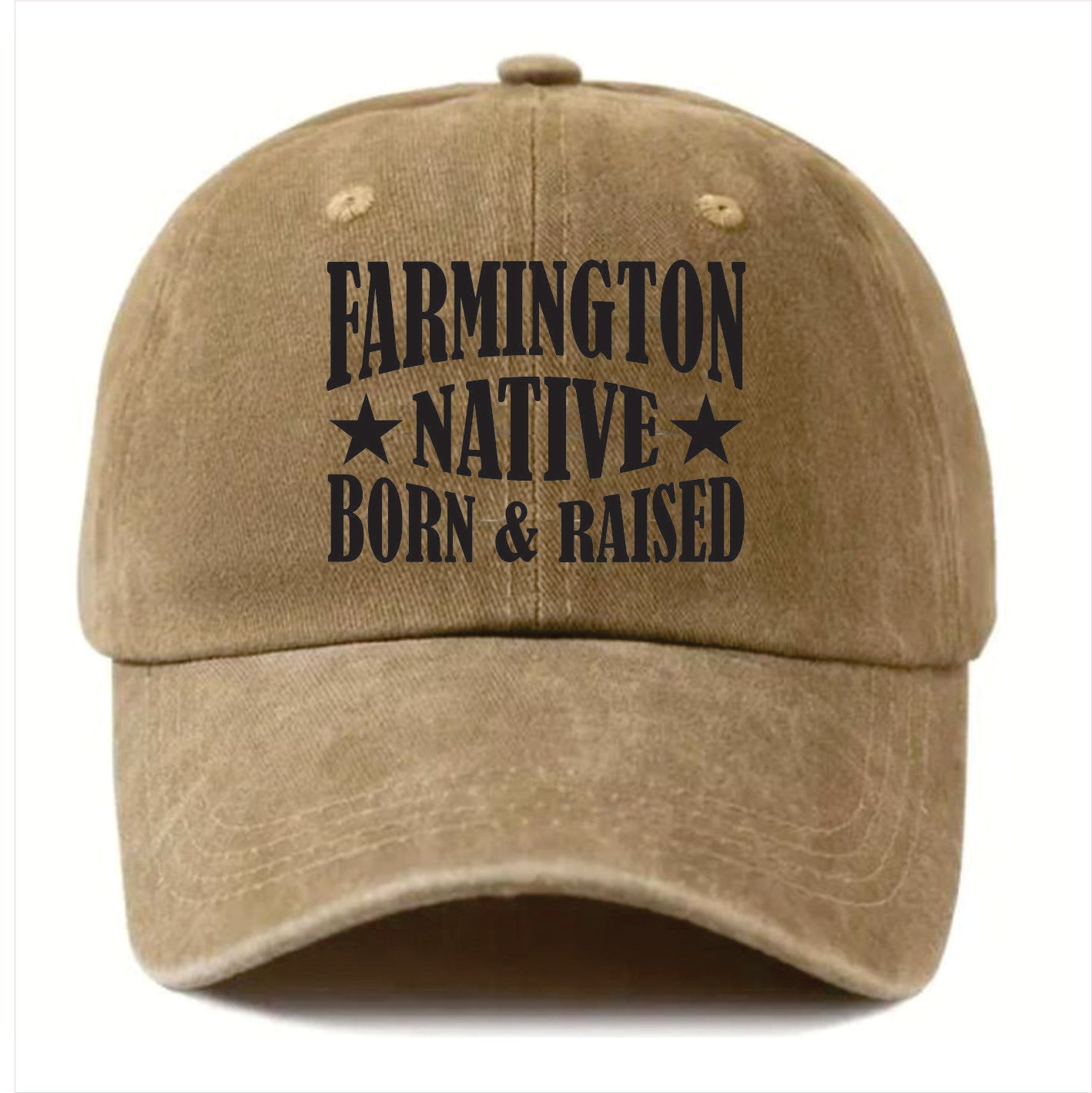 Khaki cap with 'Farmington Native Born & Raised' text on a white background
