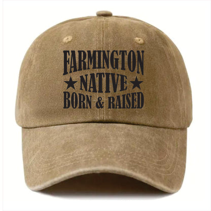 Khaki cap with 'Farmington Native Born & Raised' text on a white background
