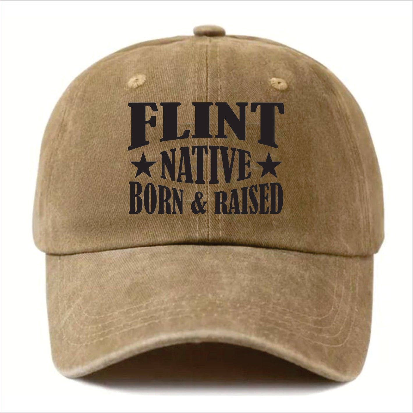 Khaki cap with 'Flint Native Born & Raised' text on a white background