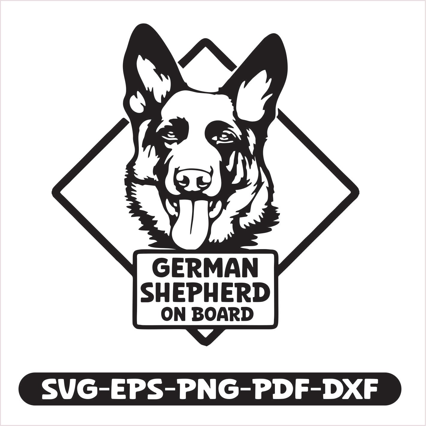"German Shepherd on Board" cutting file. Available in SVG, EPS, PNG, PDF, and DXF formats, it is perfect for creating custom decals, signs, and crafts that catch attention while highlighting your furry friend.