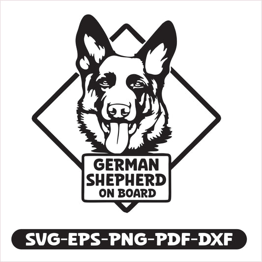 "German Shepherd on Board" cutting file. Available in SVG, EPS, PNG, PDF, and DXF formats, it is perfect for creating custom decals, signs, and crafts that catch attention while highlighting your furry friend.