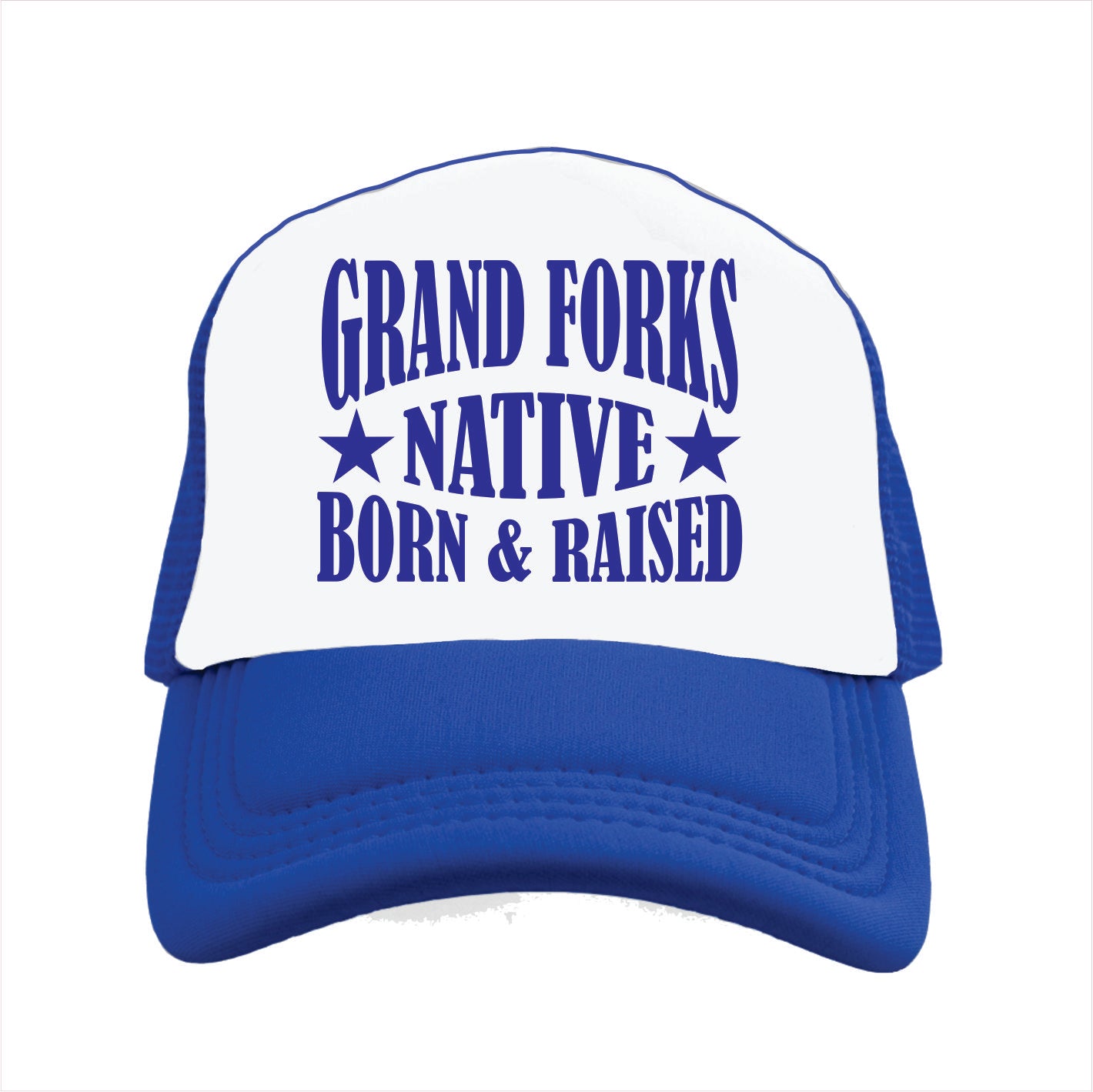 Blue and white cap with 'Grand Forks Native Born & Raised' text on a white background