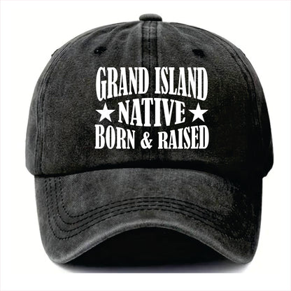 Black cap with 'Grand Island Native Born & Raised' text on a white background