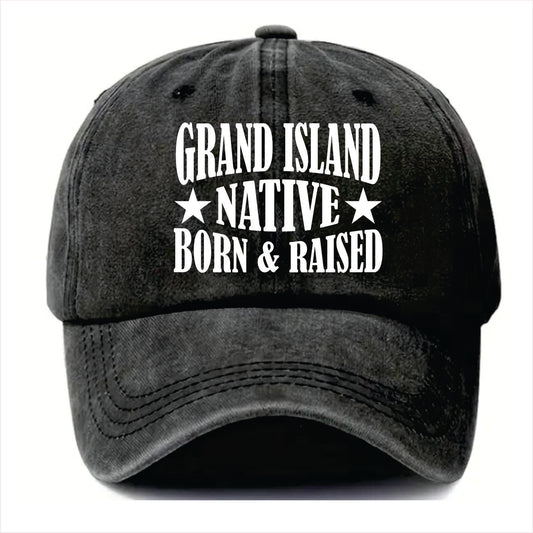 Black cap with 'Grand Island Native Born & Raised' text on a white background