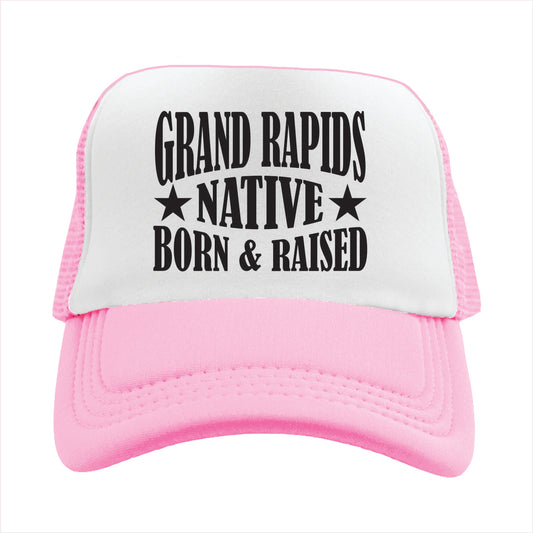 Pink and white cap with 'Grand Rapids Native Born & Raised' text on a white background