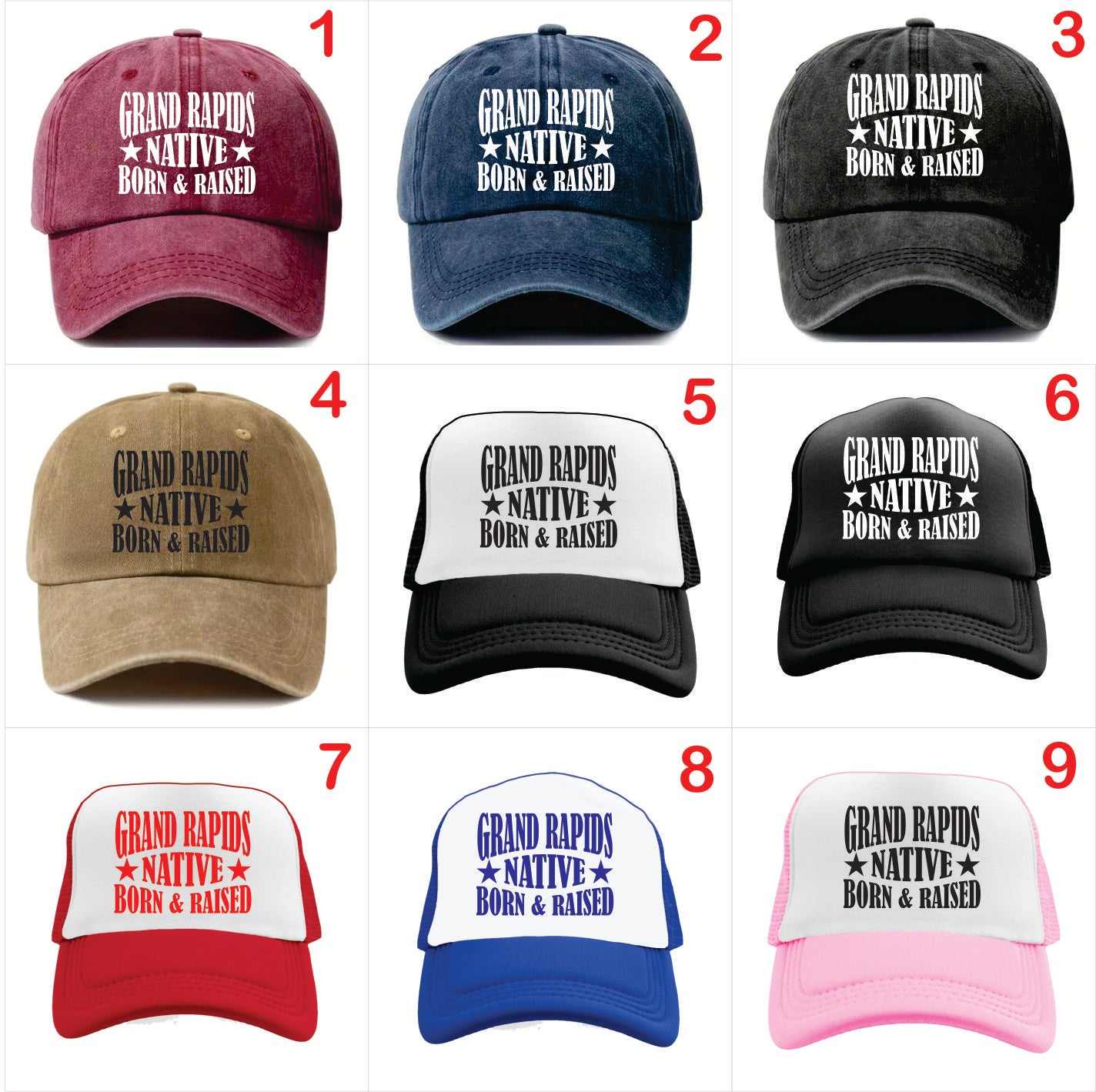 Nine baseball caps with 'Grand Rapids Native Born & Raised' text in various colors and styles.