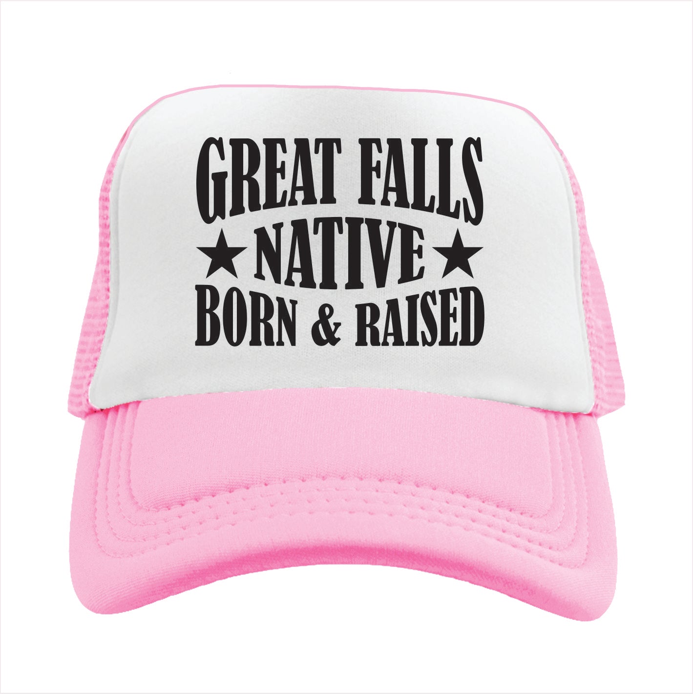 Pink and white cap with 'Great Falls Native Born & Raised' text on a white background
