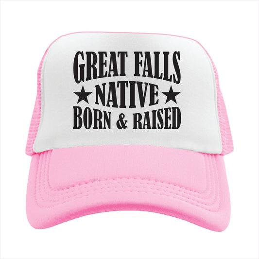 Pink and white cap with 'Great Falls Native Born & Raised' text on a white background