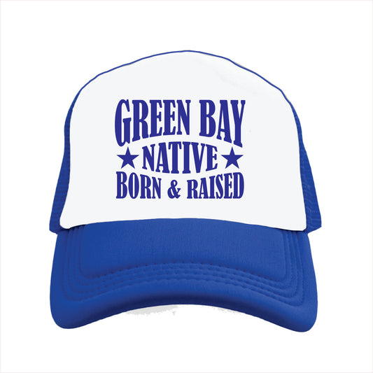 Blue and white cap with 'Green Bay Native Born & Raised' text on a white background