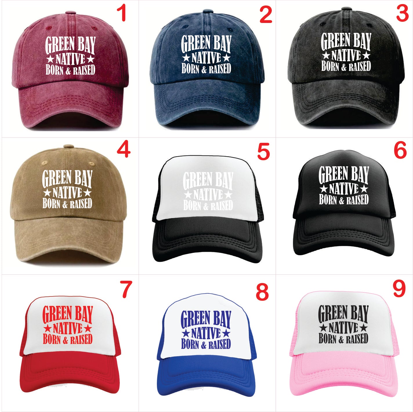 Nine baseball caps with 'Green Bay Native Born & Raised' text in various colors on a white background.