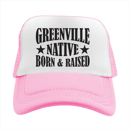 Pink and white cap with 'Greenville Native Born & Raised' text on a white background