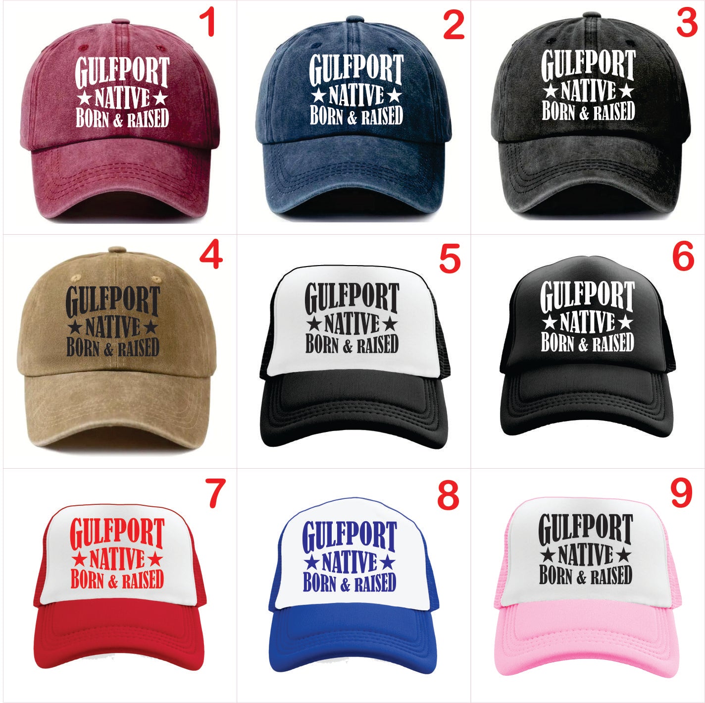 Nine caps with 'Gulfport Native Born & Raised' text in various colors and styles.