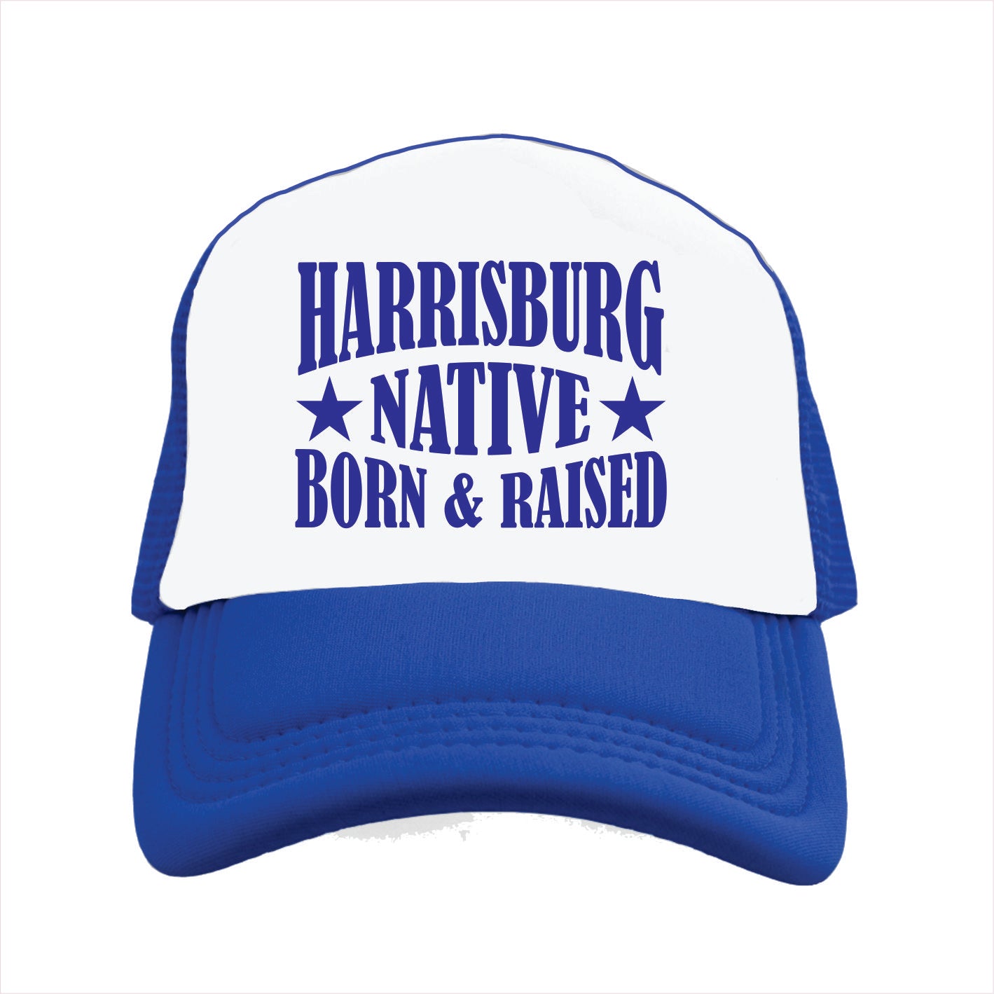 Blue and white cap with 'Harrisburg Native Born & Raised' text on a white background