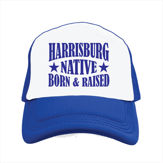 Blue and white cap with 'Harrisburg Native Born & Raised' text on a white background