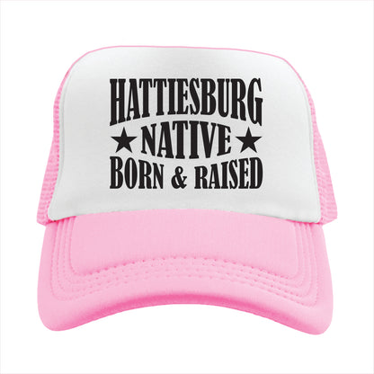 Pink and white cap with 'Hattiesburg Native Born & Raised' text on a white background