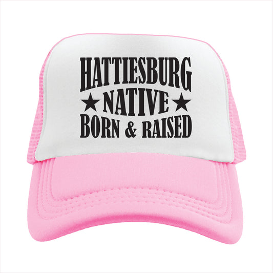 Pink and white cap with 'Hattiesburg Native Born & Raised' text on a white background
