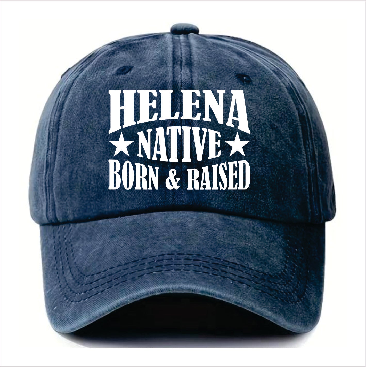 Blue cap with 'Helena Native Born & Raised' text on a white background