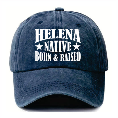 Blue cap with 'Helena Native Born & Raised' text on a white background