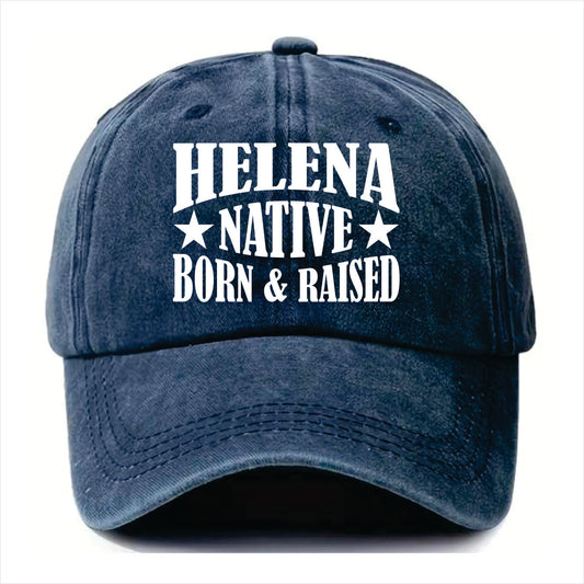 Blue cap with 'Helena Native Born & Raised' text on a white background