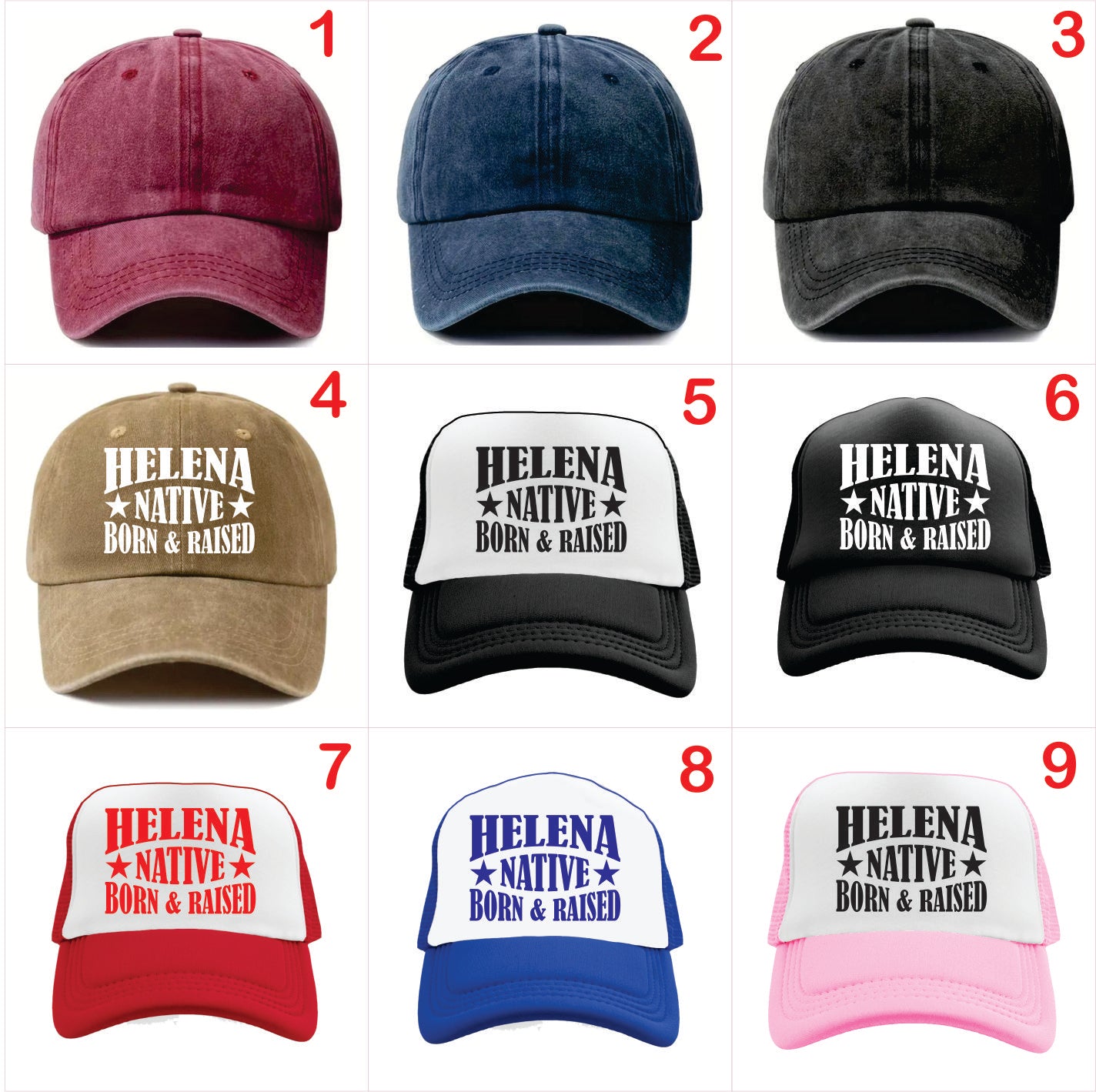Nine different colored baseball caps with 'Helena Native Born & Raised' text on a white background.