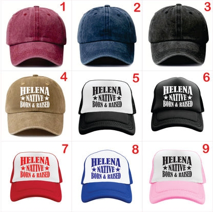 Nine different colored baseball caps with 'Helena Native Born & Raised' text on a white background.