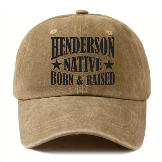 Khaki cap with 'HENDERSON NATIVE BORN & RAISED' text on a white background